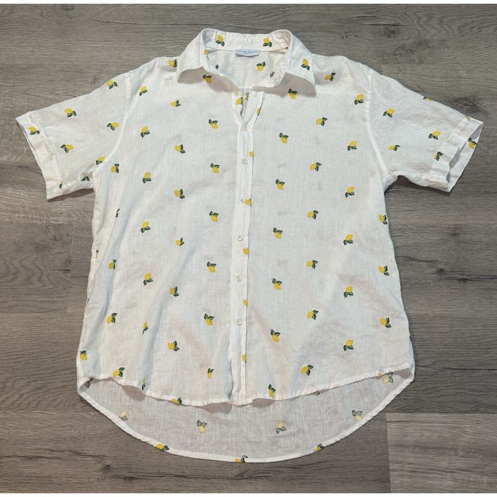 Sartoria Saracena 100% Linen XXL Button Up Shirt Lemon Embroidered White Italy